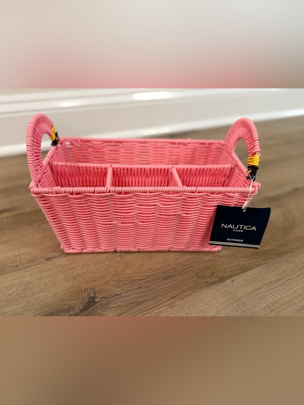 Nautica Home Outdoor Pink Wicker Flamingo Flatware Caddy Utensil Organizer Baske